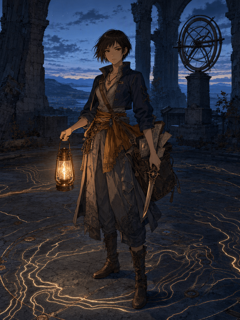 Anime cartographer Hana Eno holds a lantern inside a ruined observatory as glowing contour lines spread across the stone floor.