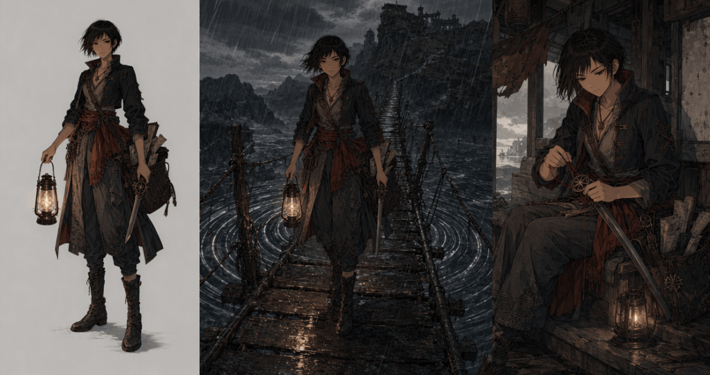Three-scene anime OC sequence showing the same dark-haired character in a neutral view, crossing a rainy bridge, and resting indoors.