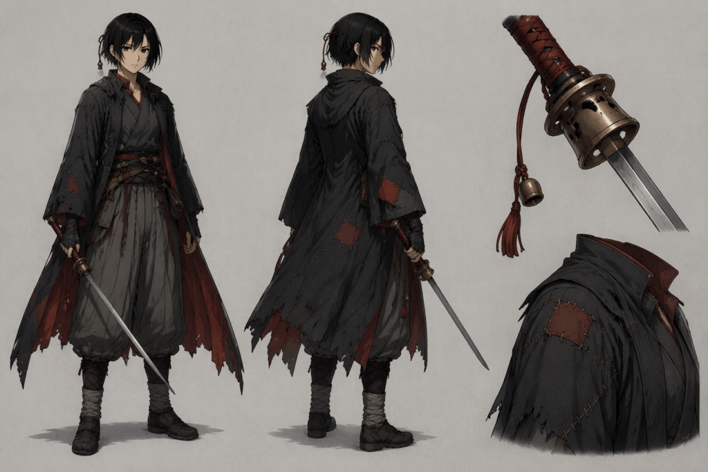 Demon Slayer OC Maker character sheet showing Mio Arakawa’s front and back views, bell-shaped sword guard, and repaired charcoal coat.