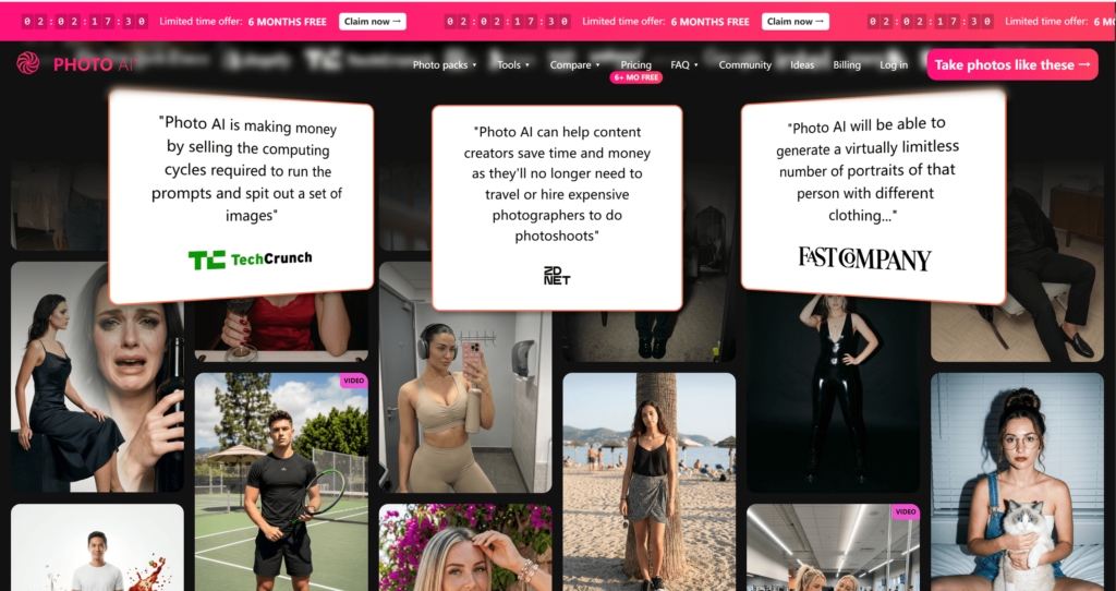 photo-AI-111 – WeShop AI Blog The Photo AI homepage showing reviews from TechCrunch and Fast Company alongside a gallery of AI models in fitness, beach, and urban settings.