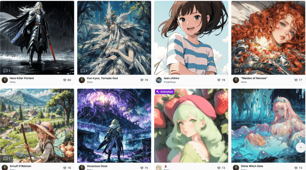 A gallery grid of eight diverse AI-generated anime and fantasy characters, showcasing model versatility in character design.