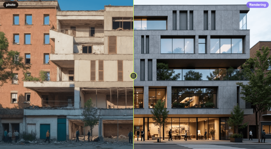 A side-by-side comparison showing a weathered brick building transitioning into a modern 3D architectural rendering.