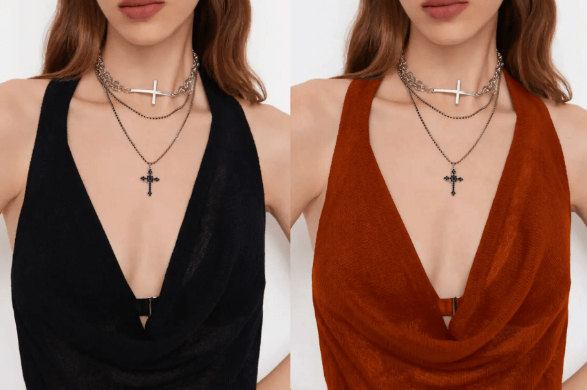Close-up detail of a woman's neckline with layered cross necklaces, showcasing a fabric color transition from deep black to copper brown using the AI Photo Recolor tool.