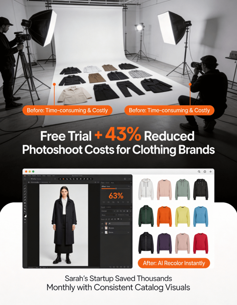 WeShop AI recolor feature: A split image comparing a costly physical photo studio setup with a modern, efficient AI-powered recoloring interface that instantly generates a product in multiple colors.