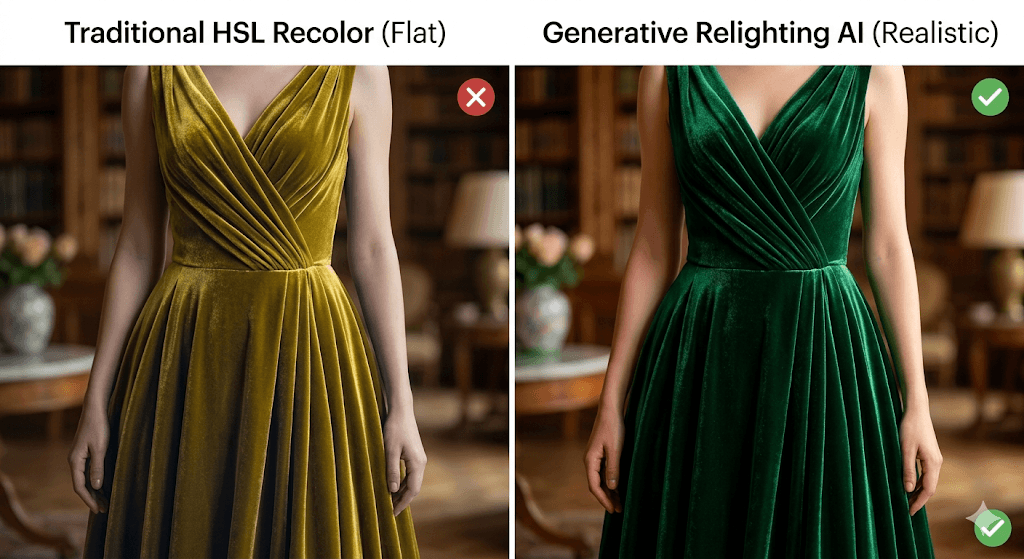 A side-by-side comparison of a velvet dress being recolored from olive to emerald green, showing the superior shadow and highlight retention of AI generative relighting.