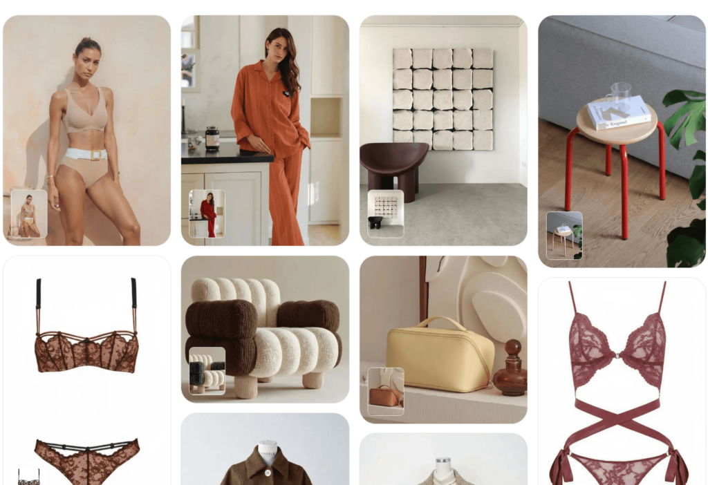 A grid gallery showcasing various products—including lingerie, loungewear, chairs, and handbags—recolored into different shades to demonstrate AI versatility.