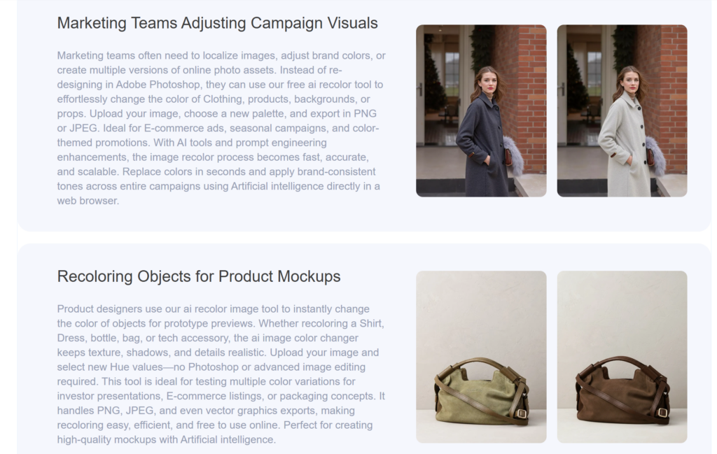 A feature introduction page explaining how "AI Photo Recolor" assists marketing teams with campaign visuals and designers with product mockups.