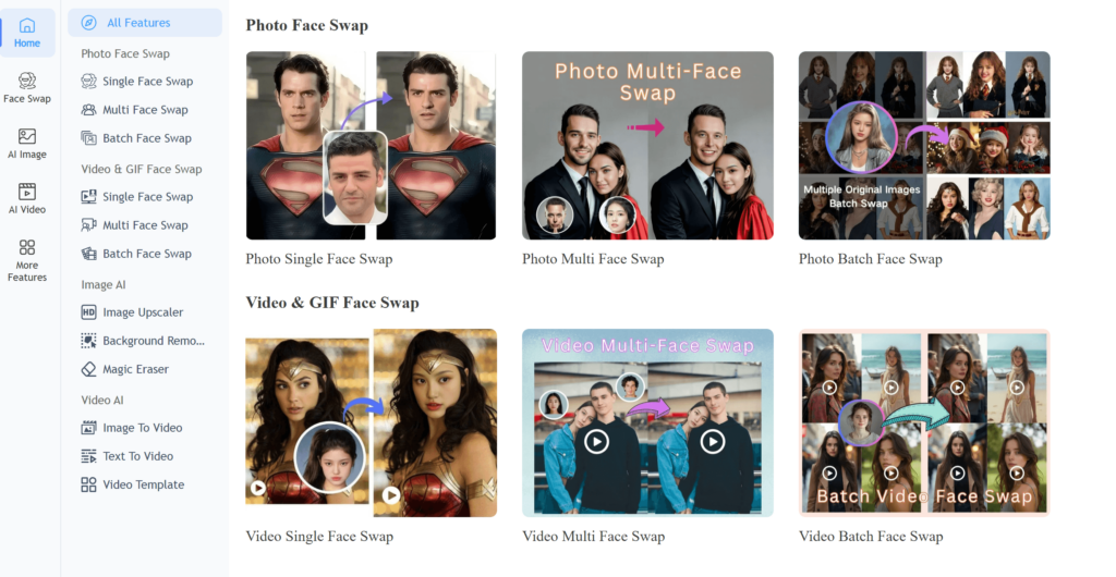remake-faceswap – WeShop AI Blog A screenshot of the Remaker AI platform featuring various tools like Single Face Swap, Multi-Face Swap, and Batch processing for both photos and videos.