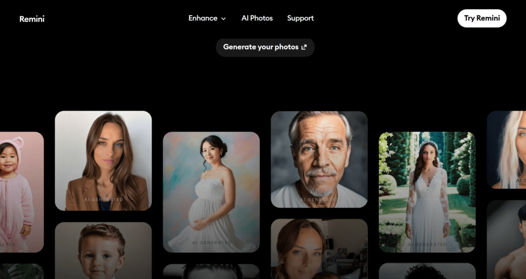 remini – WeShop AI Blog The Remini AI Photos interface featuring cinematic, realistic portraits of people at different life stages, including maternity and professional shots.