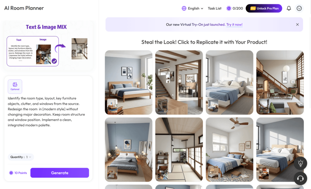 Screenshot of the AI Room Planner interface on WeShop AI, displaying a prompt box for room redesign and a gallery of AI-generated bedroom and living room concepts.