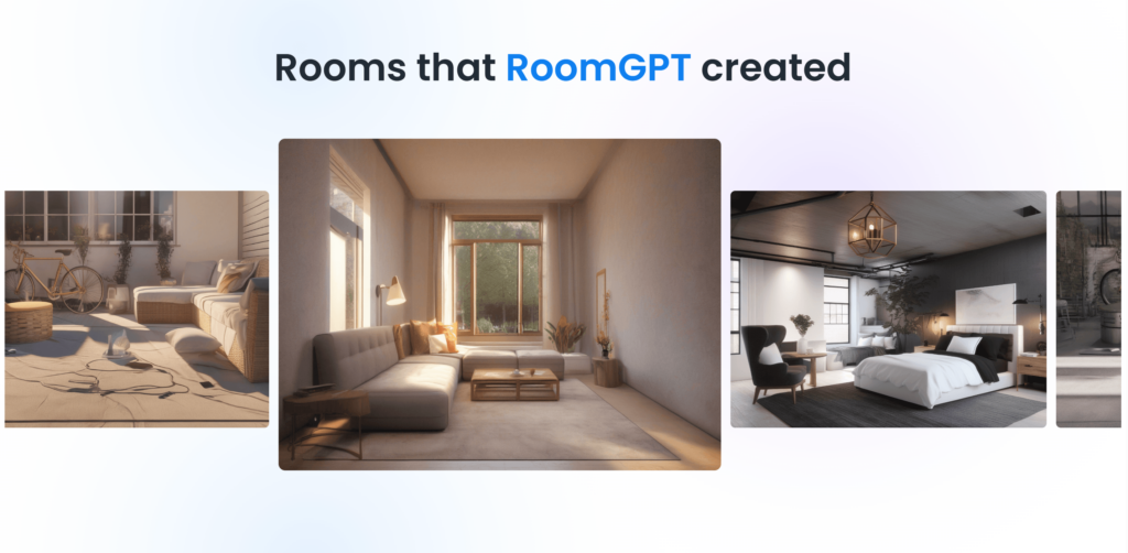 A horizontal display of room designs titled "Rooms that RoomGPT created," showing a beige living room with a large window and a dark-themed modern bedroom.