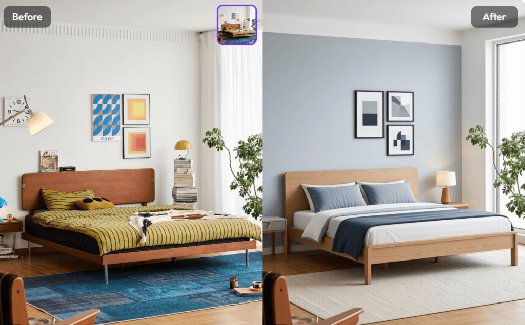 Before and after bedroom redesign comparison using WeShop AI Room Planner, transforming a retro room into a modern minimalist space.