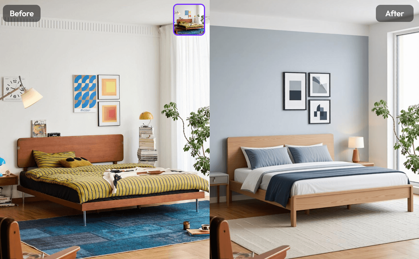 Before and after bedroom redesign comparison using WeShop AI Room Planner, transforming a retro room into a modern minimalist space.