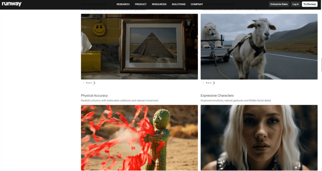 A screenshot of the Runway platform interface showing research into physical accuracy and expressive character generation in AI video.