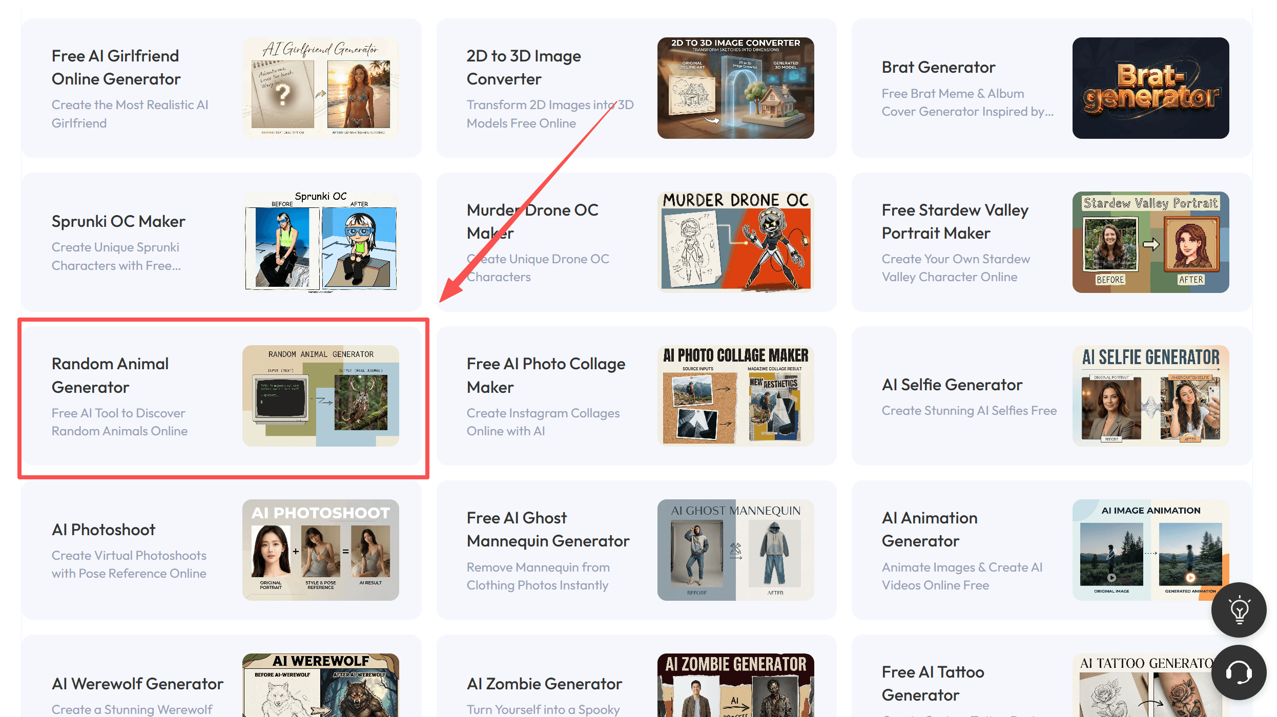 A screenshot of the Weshop AI "Tools" page, featuring a red box and a red arrow pointing specifically to the "Random Animal Generator" card.