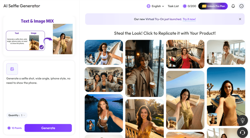 selfie – WeShop AI Blog User interface of the WeShop AI Selfie Generator featuring a powerful toolbar and a gallery of high-quality AI-generated portraits produced in seconds.