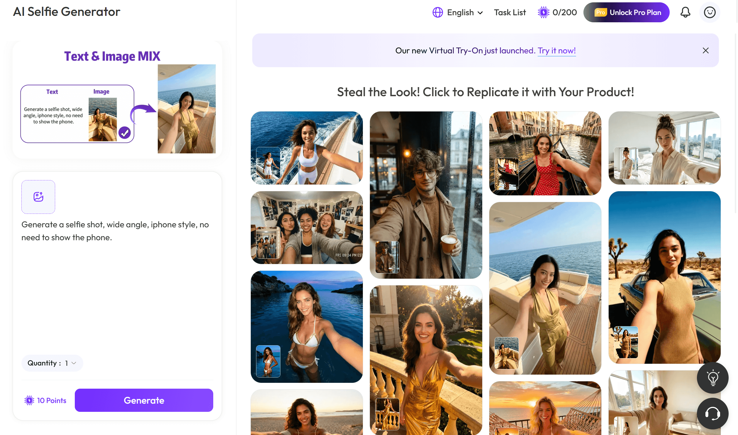 The user interface of WeShop AI’s selfie generator, showing the prompt input area and a grid of hyper-realistic generated lifestyle photos.
