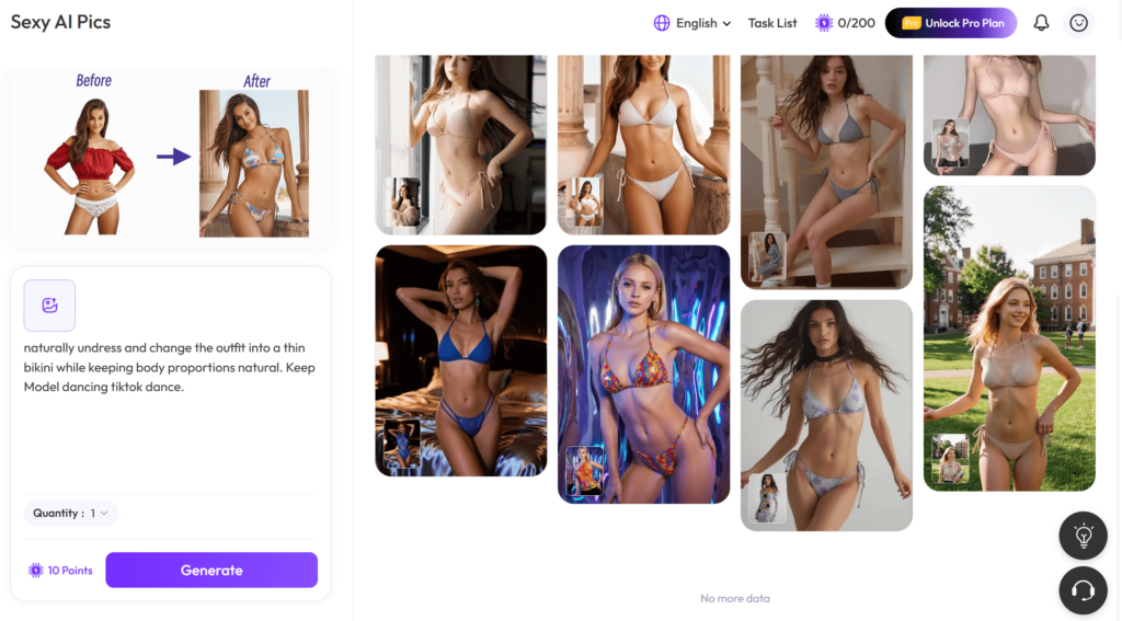 The WeShop AI user interface showing the AI Sexy Pics Generator toolbar with editing options and a curated gallery of high-quality generated fashion images.