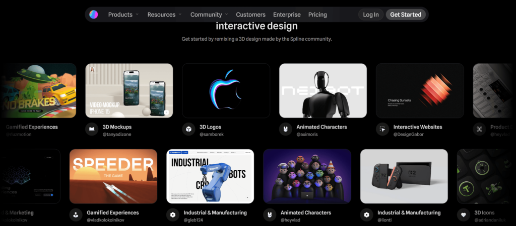 A screenshot of the Spline "Interactive Design" page showing 3D phone mockups, animated characters, and gamified experiences.