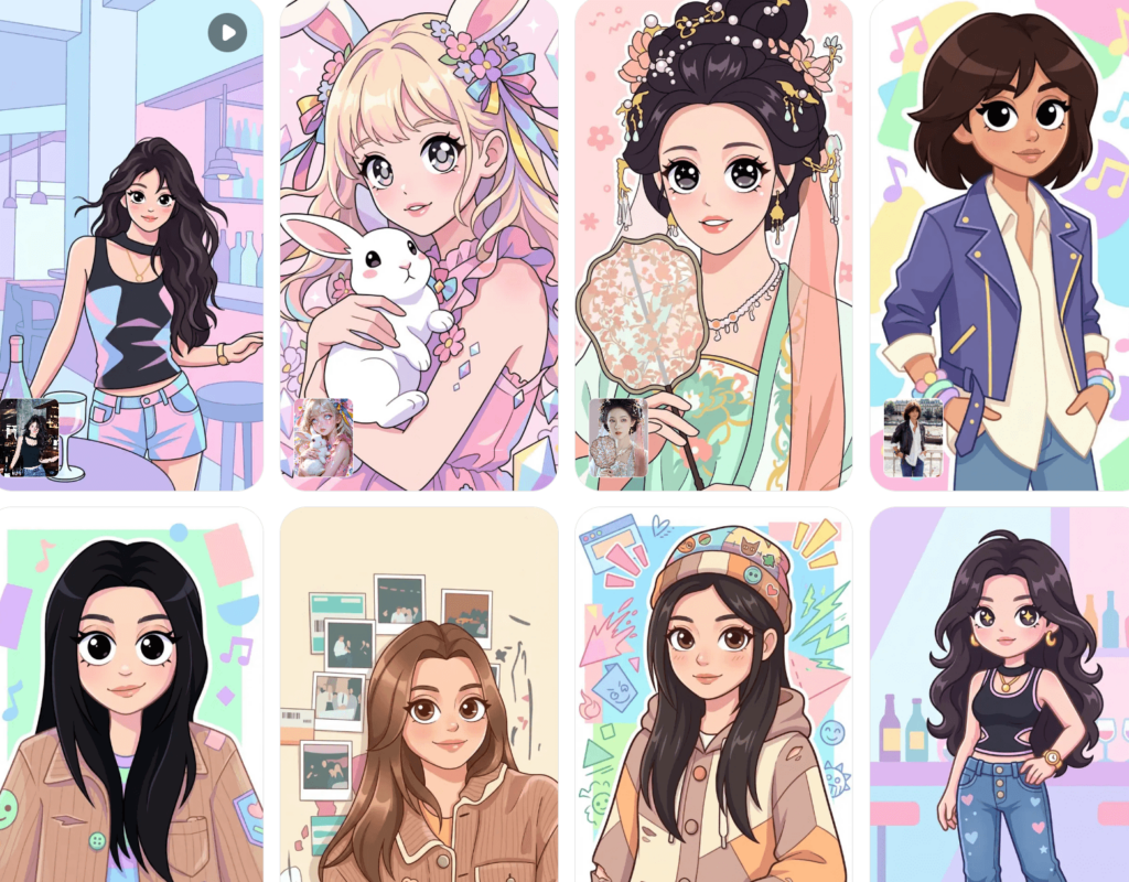 A colorful collage of eight different anime-style characters created using the Sprunki OC Maker.