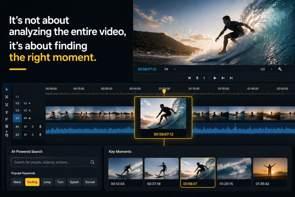 A deep-dive mockup of an AI video editing interface focused on precise moment finding. It features a "Semantic Search" bar, a collection of auto-detected "Key Moments" with timestamps, and a highlight on a specific surfing action on the timeline. Text overlay reads: "It's not about analyzing the entire video, it's about finding the right moment."