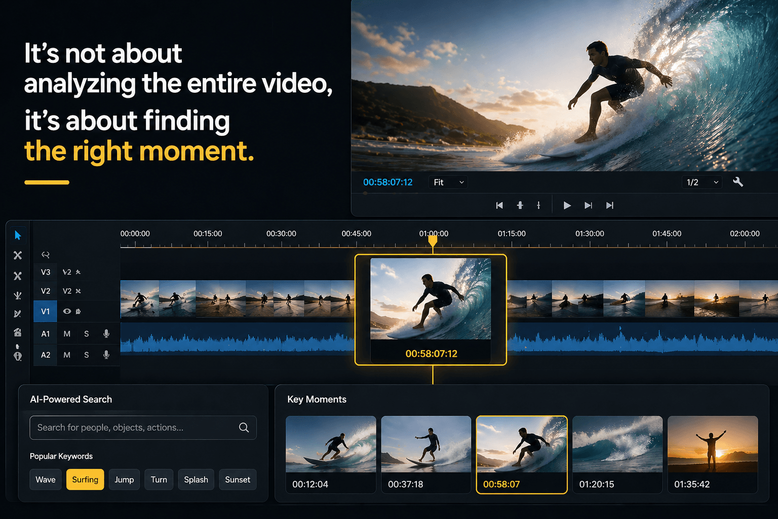 A deep-dive mockup of an AI video editing interface focused on precise moment finding. It features a "Semantic Search" bar, a collection of auto-detected "Key Moments" with timestamps, and a highlight on a specific surfing action on the timeline. Text overlay reads: "It's not about analyzing the entire video, it's about finding the right moment."