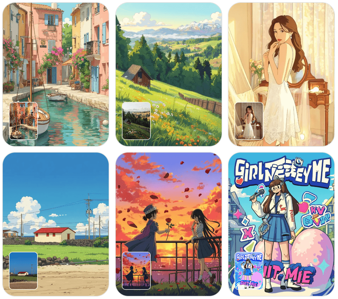 A collection of AI Ghibli Art Create tool interfaces showing the process of turning a fashion photo into a Studio Ghibli style illustration with soft lighting and watercolor textures.
