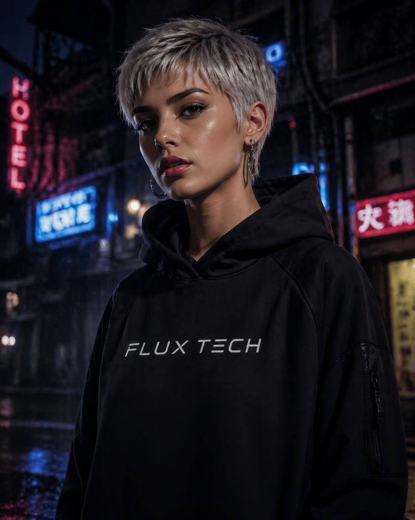 A woman in a black hoodie with the text "FLUX TECH" clearly rendered on the chest, standing in a neon urban setting.