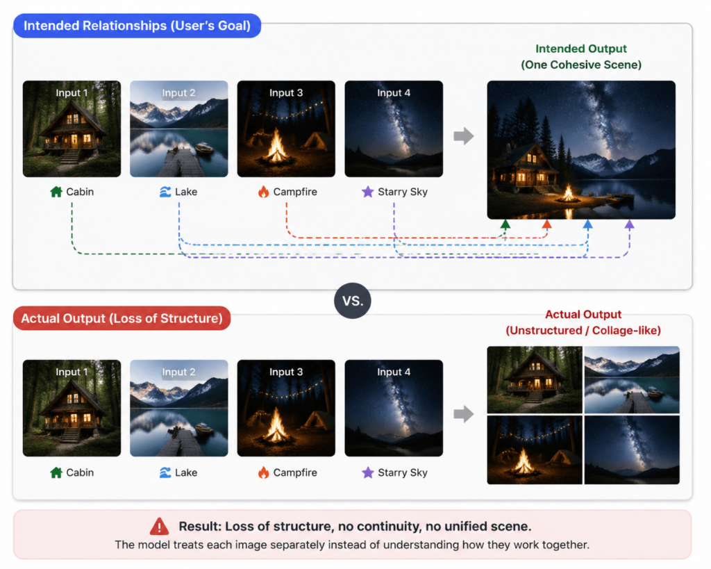An infographic comparing a user's intended cohesive scene (cabin, lake, fire, sky) against a failed "collage-like" output that lacks structural continuity.