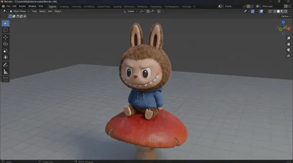 微信图片_20260409162055_106280_4 – WeShop AI Blog AI 3D Rendering model of a Labubu-style plush bunny character sitting on a red mushroom, wearing a blue hoodie, with detailed fur texture and a stylized, cute design.