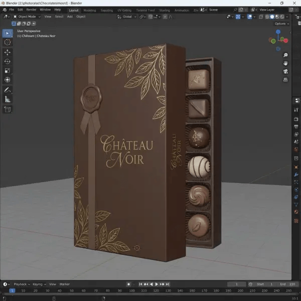 Blender 3D Render of Luxury "Château Noir" Chocolate Gift Box