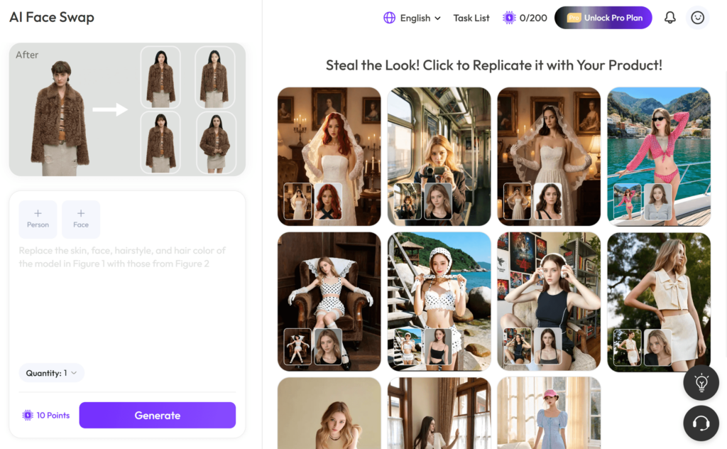 Dashboard interface of WeShop AI showing the intuitive AI face swap