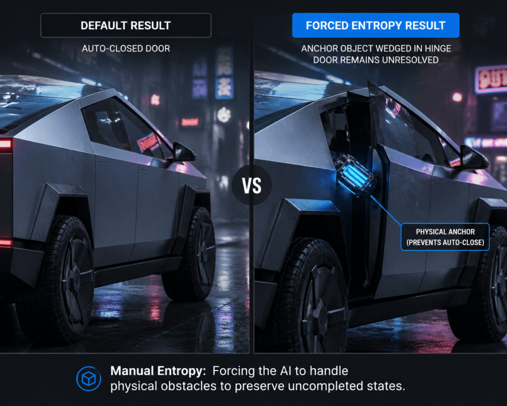 Comparison between HappyHorse default auto-closed door and a forced entropy result using a glowing blue neon physical anchor wedged in the car hinge to prevent AI auto-closing.
