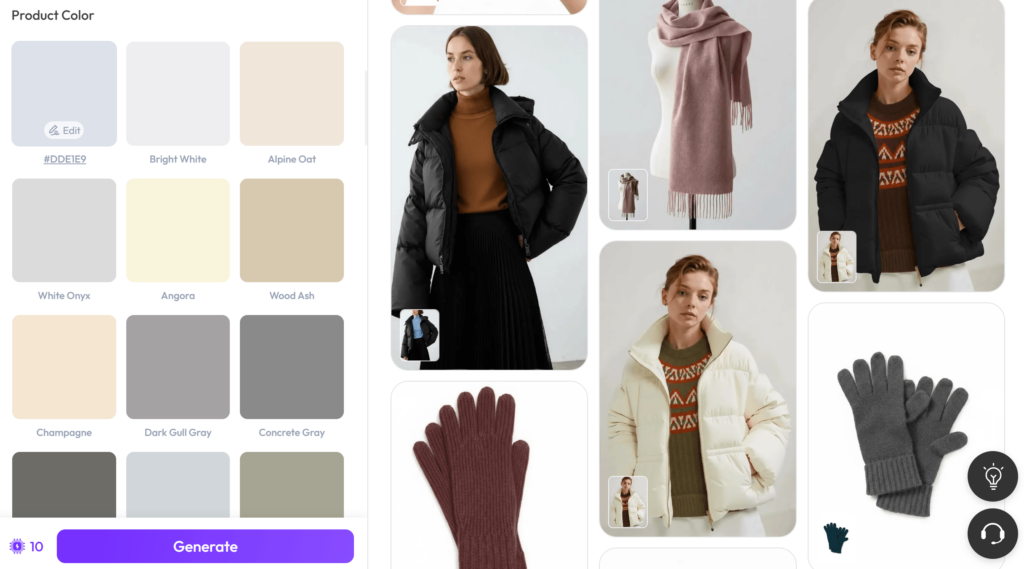 A screenshot from the WeShop AI platform interface displaying a "Product Color" selection tool for a batch of high-resolution e-commerce images. The left panel shows a grid of selectable color swatches with precise names and HEX codes like "Champagne," "Angora," and "#DDE1E9." The right panel displays the target apparel batch, including models in puffer jackets, a pink wool scarf, and different colored gloves. The interface is optimized for rapid SKU expansion via simultaneous AI recoloring across diverse fabric types.