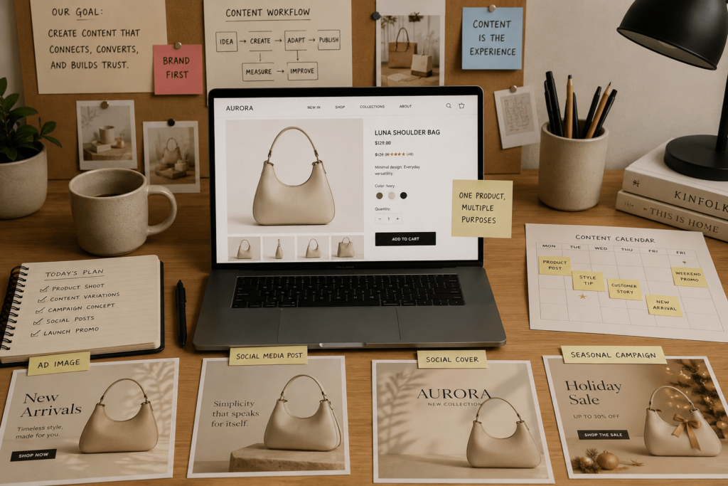 A top-down view of a designer's workspace featuring a laptop displaying the "Aurora" brand website. The desk is surrounded by physical prints of AI-generated assets, including Instagram posts, seasonal campaign banners, and a content calendar, illustrating the "one product, multiple purposes" workflow.
