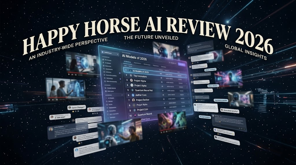 A moody, editorial-style graphic for "Happy Horse AI Review 2026" featuring a floating AI leaderboard, blurred video frames, and forum discussion bubbles against a dark, cosmic background with a cinematic serif headline.