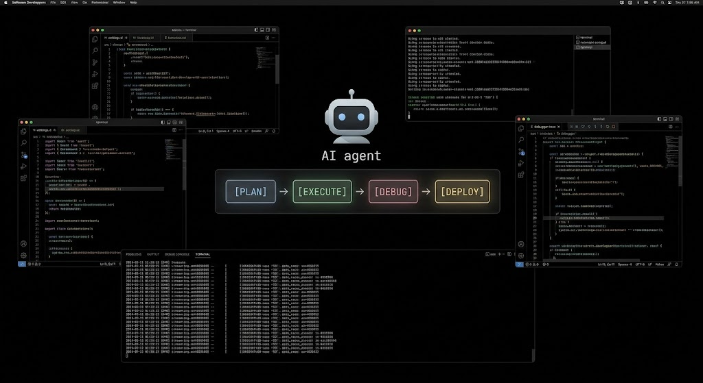 A professional engineering terminal environment with a dark background. Multiple suspended code windows (editor, terminal, debugger) surround a central, stylized AI agent interface that is actively executing a task chain: [PLAN] > [EXECUTE] > [DEBUG] > [DEPLOY].