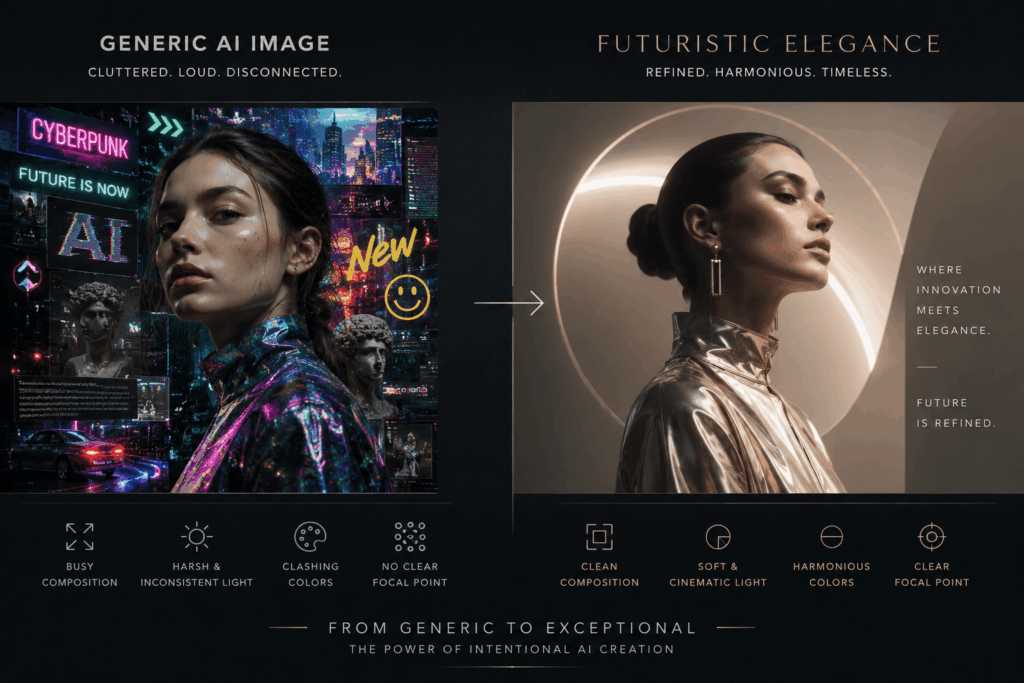 A side-by-side comparison titled "Generic AI Image vs. Futuristic Elegance." The left side shows a cluttered, neon cyberpunk style; the right side shows a refined, minimal, and harmonious golden-toned portrait.