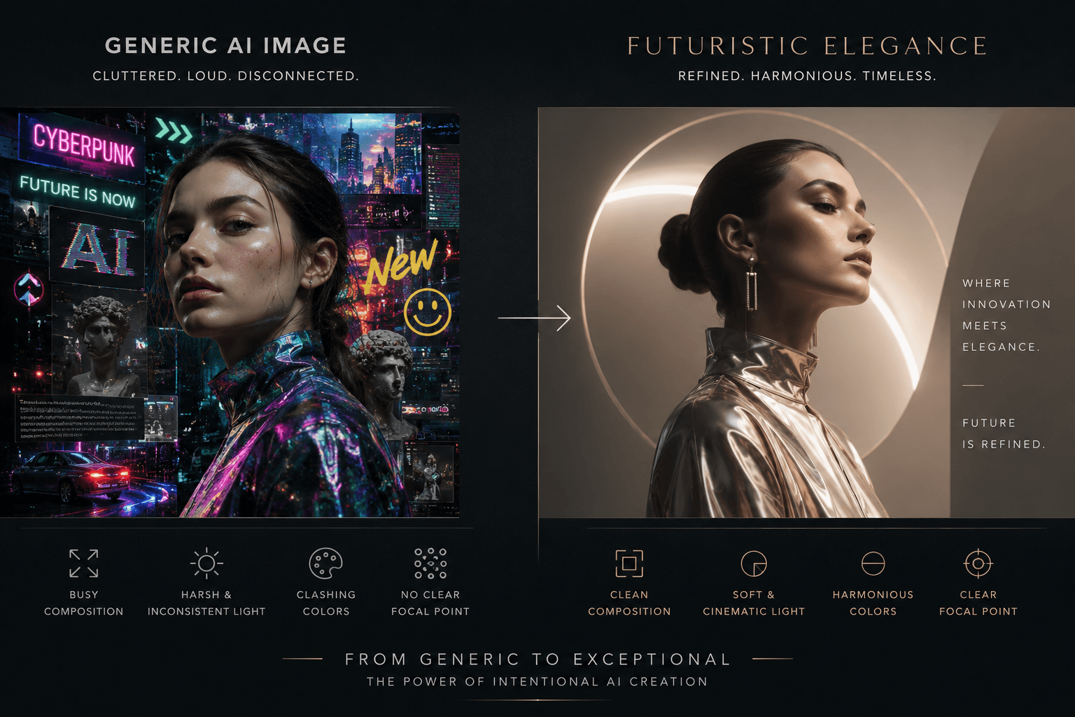 A side-by-side comparison titled "Generic AI Image vs. Futuristic Elegance." The left side shows a cluttered, neon cyberpunk style; the right side shows a refined, minimal, and harmonious golden-toned portrait.
