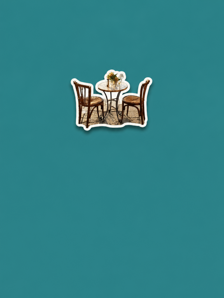 100 – WeShop AI Blog An AI-generated fridge magnet icon depicting a Venetian bistro table and chairs, featuring 3D depth and a white outline on a solid turquoise background.