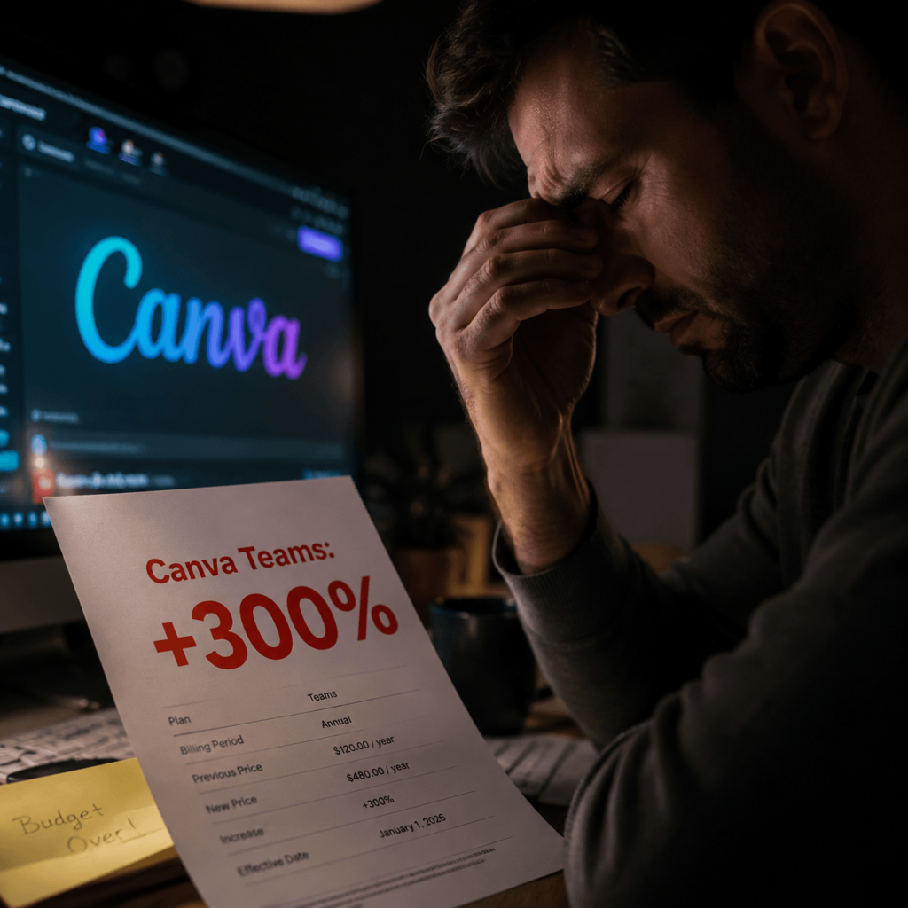 A frustrated male designer covering his face in front of a computer screen showing Canva logo and a 300 percent price hike notice for Canva Teams.