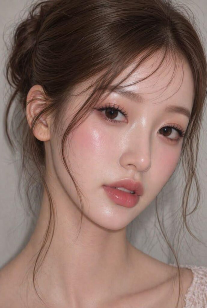 Pink-toned Korean idol makeup reference with glitter eyeshadow and glossy lip tint for GPT Image 2 style transfer.
