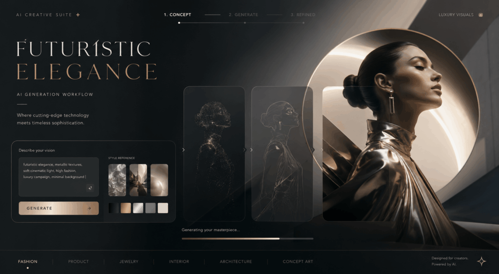 A high-end AI generation dashboard for "Futuristic Elegance," showing a workflow from a point-cloud silhouette to a wireframe, ending in a polished cinematic portrait of a woman in metallic gold fabric.