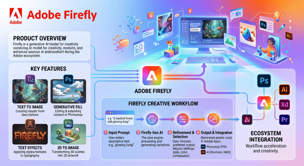 166 – WeShop AI Blog A vibrant, comprehensive infographic of the Adobe Firefly ecosystem, illustrating key features like Generative Fill and Text Effects, alongside its integration with Adobe Creative Cloud apps like Photoshop, Illustrator, and Premiere Pro.