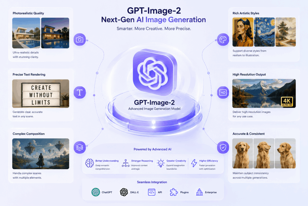 An infographic for GPT-Image-2 detailing six core capabilities: photorealistic quality, precise text rendering, complex composition, rich artistic styles, high resolution, and subject consistency.