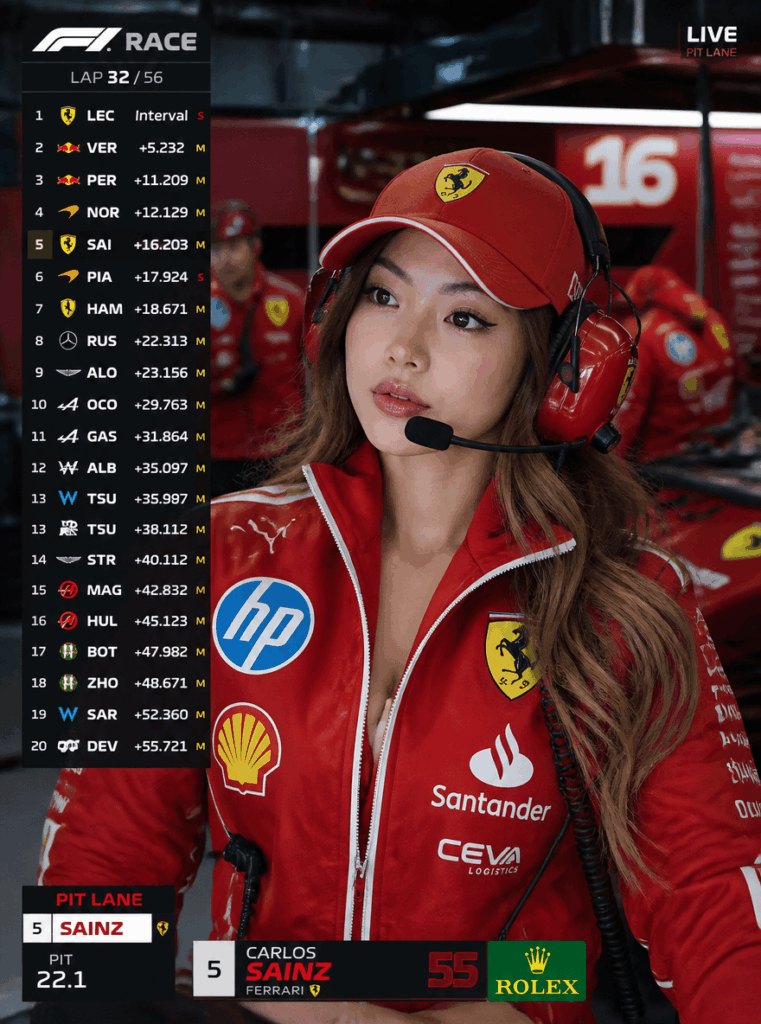 17 – WeShop AI Blog Cinematic F1 Ferrari team garage AI portrait of an East Asian woman wearing a red racing suit and team cap with television broadcast graphics.