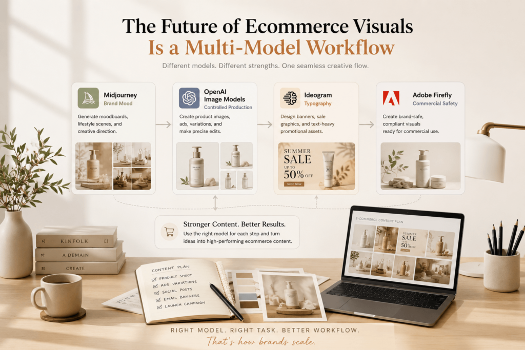 An aesthetic office setup showing an infographic titled "The Future of Ecommerce Visuals." The graphic maps out a seamless creative flow where Midjourney handles creative direction, OpenAI manages precise edits, Ideogram generates promotional graphics, and Adobe Firefly ensures final brand compliance.