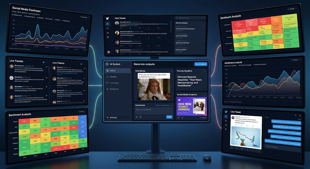 176d3a60e02958df63a69db67578022d – WeShop AI Blog A high-octane digital command center scene. Multiple screens refresh rapidly with real-time trend graphs and dynamic data heatmaps. Centrally, an AI system is generating instant visual outputs: a meme, a headline, and social graphics based on live internet trends.