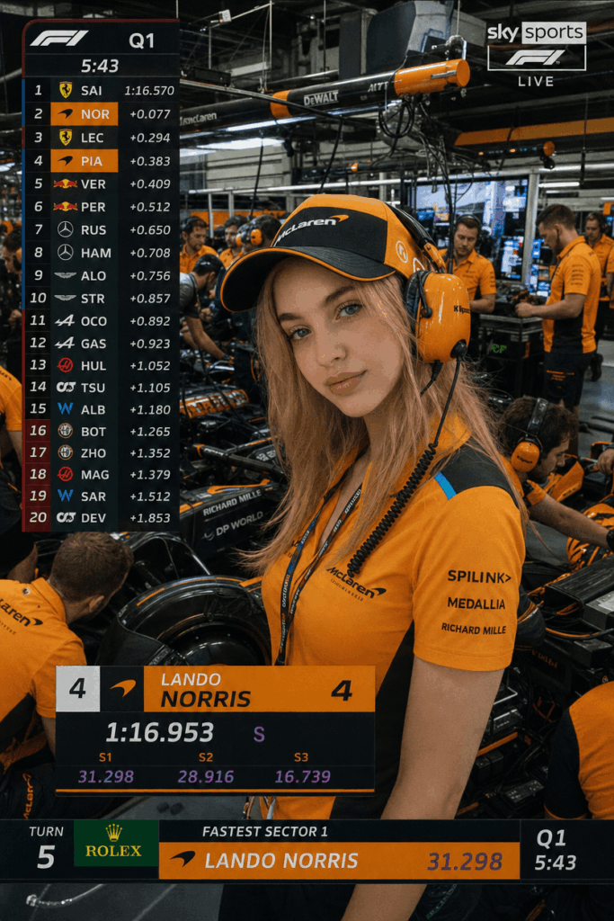 19 – WeShop AI Blog Realistic F1 McLaren team pit lane AI portrait of a blonde woman with a live TV broadcast telemetry overlay generated by WeShop AI.