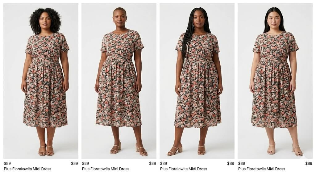 A neat 2x2 grid product collage featuring four diverse plus-size models against a clean white background. All four models wear the identical floral midi dress to demonstrate fit across different body types. Minimalist price tags and titles are subtly visible.